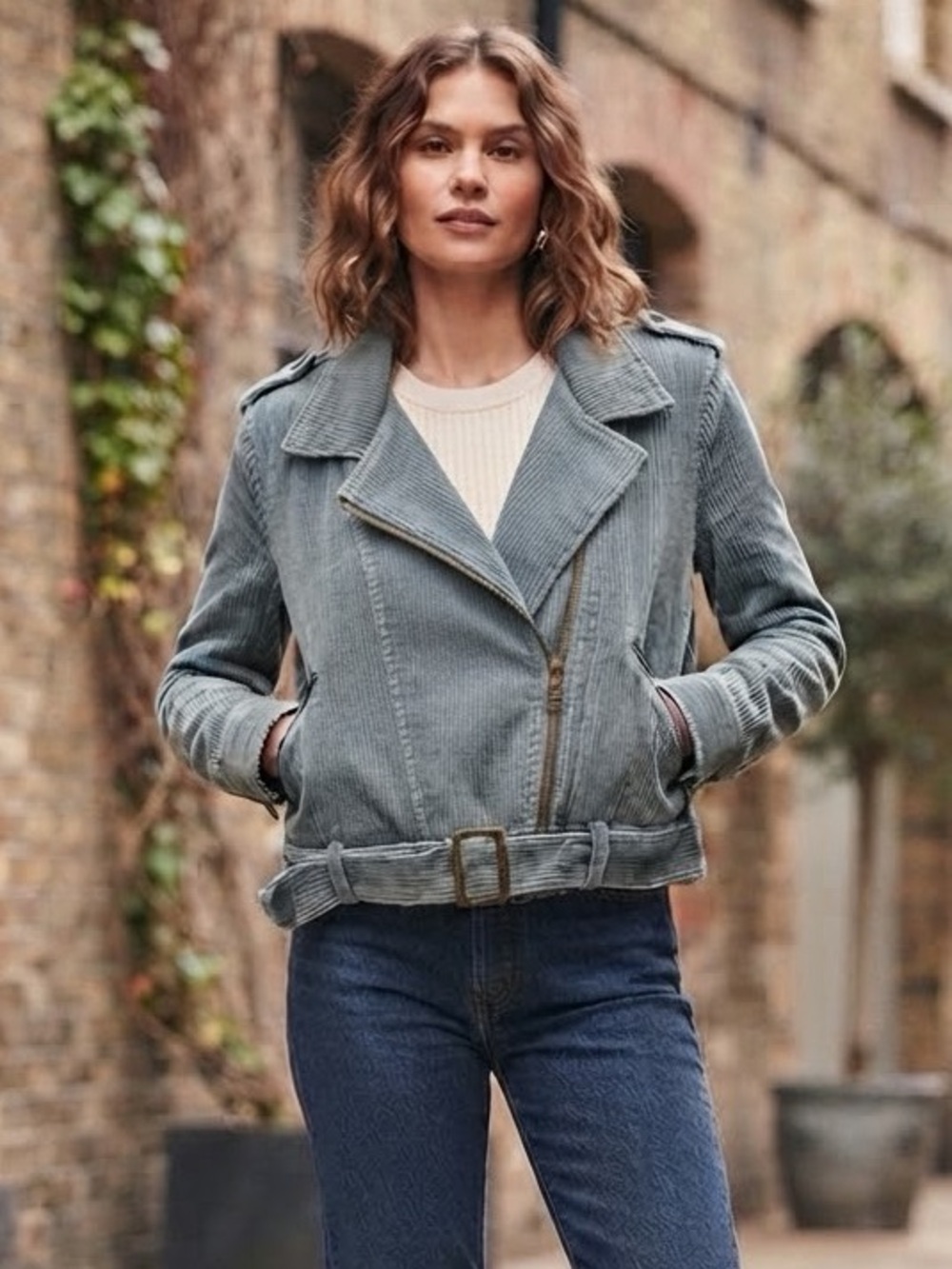 POL Women's Teal Corduroy Moto Jacket with Belt